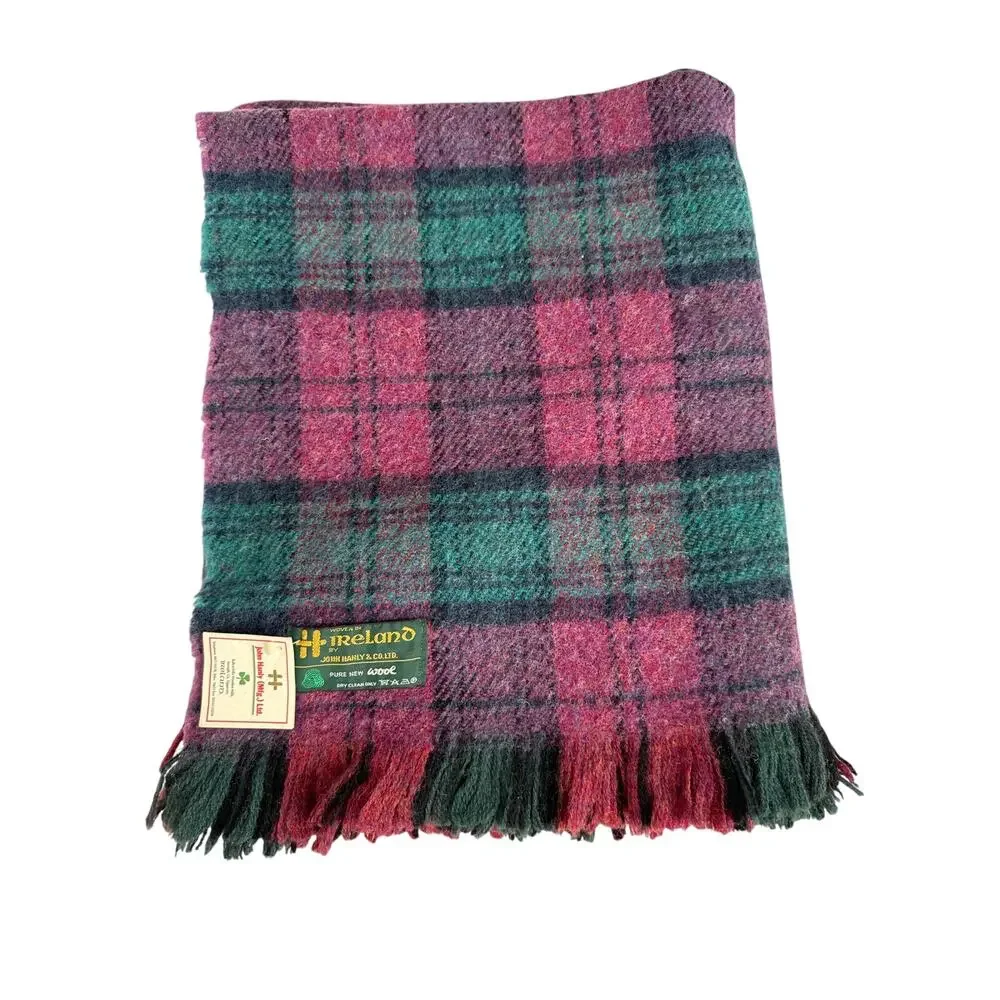 NWT Vintage John Hanley & Co L.T.D plus 90s woven fringed Plaid Wool Throw 54x40